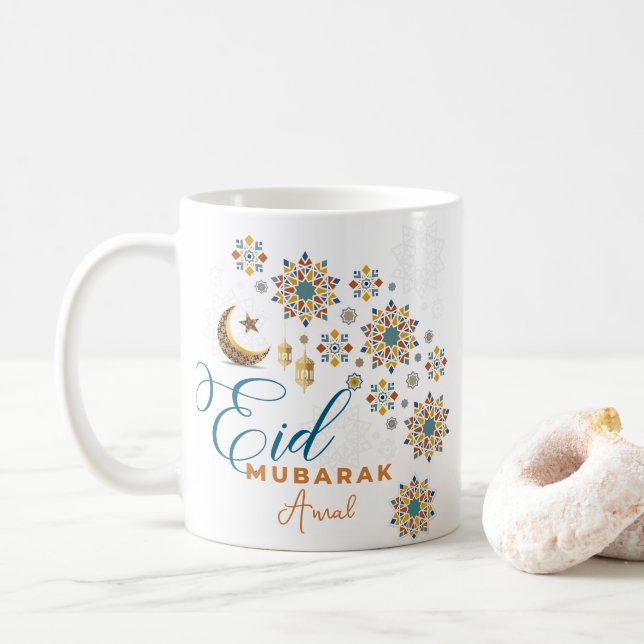 Elegant Eid Mubarak Arabic Calligraphy Moon Stars  Coffee Mug (With Donut)