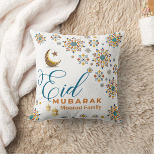 Elegant Eid Mubarak Arabic Calligraphy Moon Stars Cushion