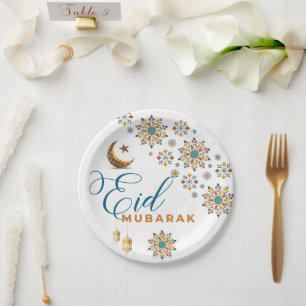 Elegant Eid Mubarak Arabic Calligraphy Moon Stars  Paper Plate