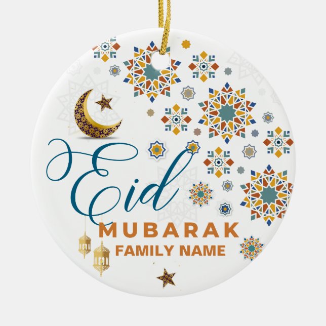 Elegant Eid Mubarak Calligraphy Moon Stars Holiday Ceramic Ornament (Front)
