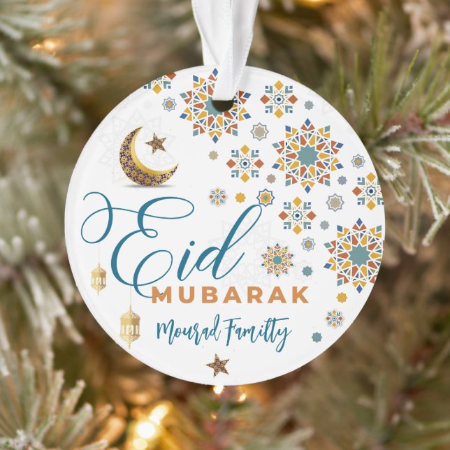 Elegant Eid Mubarak Calligraphy Moon Stars holiday Ornament (Tree)