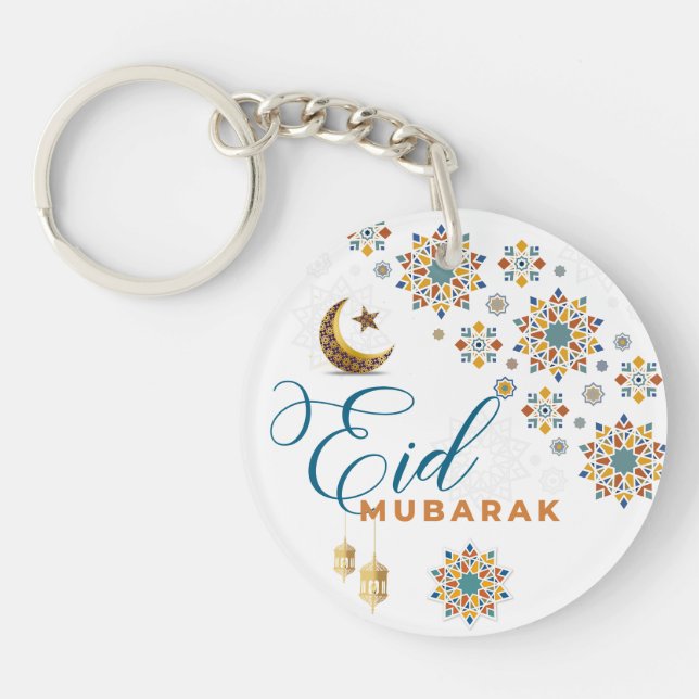 Elegant Eid Mubarak Calligraphy Moon Stars  Key Ring (Front)