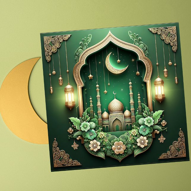 Elegant Eid Mubarak Crescent Mosque Floral Green  Holiday Card (Creator Uploaded)