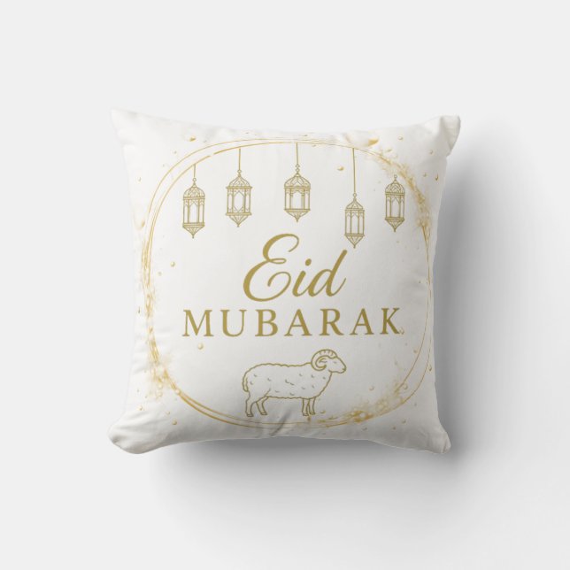 Elegant Eid Mubarak Gold Lantern & Sheep Design Cushion (Front)