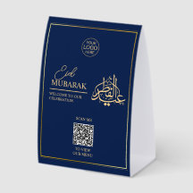 Elegant Eid Mubarak Table Tent Sign Navy & Gold QR