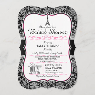 Elegant Eiffel Tower Bridal Shower; Black Damask Invitation