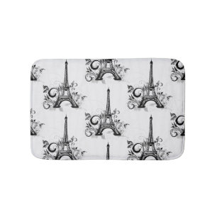 Elegant Eiffel Tower Paris Black White Flourish Bath Mat