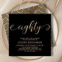 Elegant Eighty Gold Script Black 80th Birthday