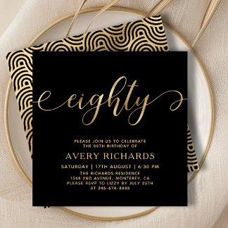 Elegant Eighty Gold Script Black 80th Birthday Invitation