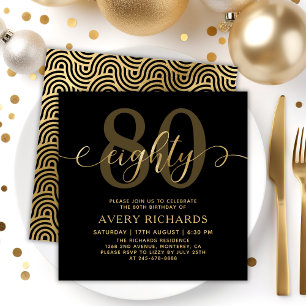 Elegant Eighty Gold Script Black 80th Birthday Invitation