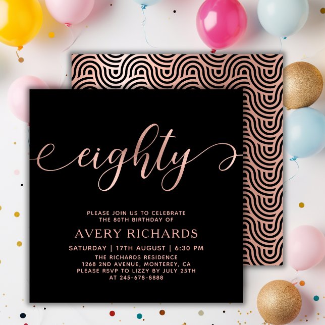 Elegant Eighty Rose Gold Script 80th Birthday Invitation (Creator Uploaded)