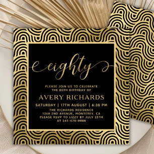 Elegant Eighty Script Black and Gold 80th Birthday Invitation