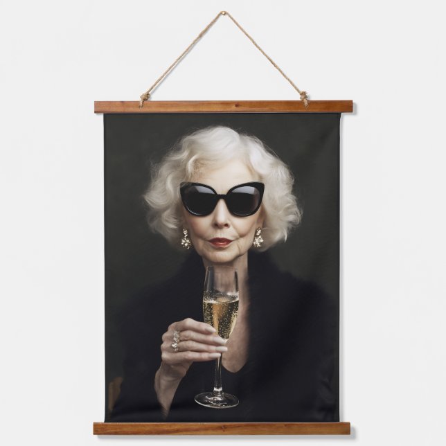 Elegant Elderly Woman with Champagne Hanging Tapestry (Front)