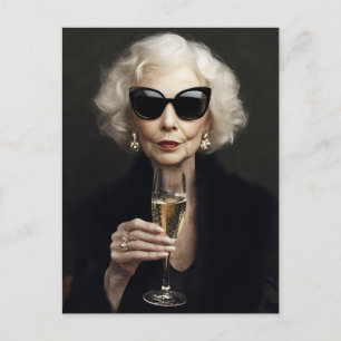Elegant Elderly Woman with Champagne Postcard