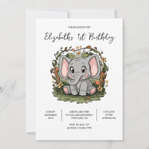 Elegant Elephant 1st Birthday Digital Invitation