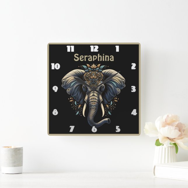 Elegant elephant adorned with intricate patterns square wall clock (Home)