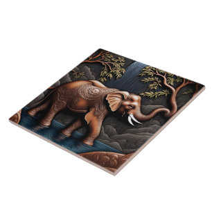 Elegant Elephant Amidst Tranquil Waterfall Scene Ceramic Tile