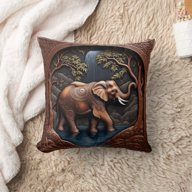 Elegant Elephant Amidst Tranquil Waterfall Scene Cushion (Blanket)