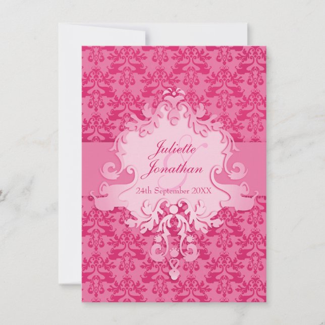 Elegant elephant damask pink wedding invitation (Front)