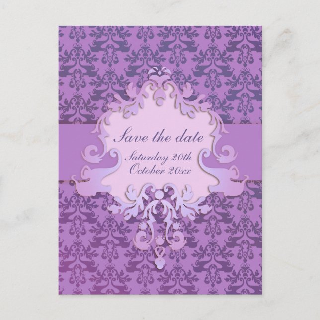 Elegant elephant damask save the date purple card (Front)