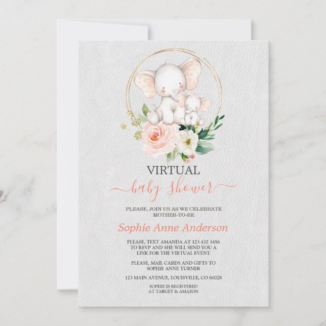 Elegant Elephant Virtual Baby Shower By Mail Invitation (Front)