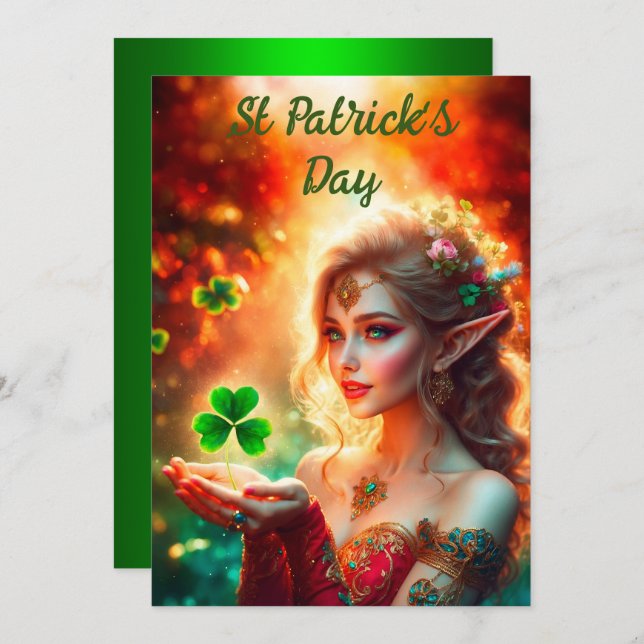 Elegant elf girl St Patrick's Day floral sunshine Holiday Card (Front/Back)