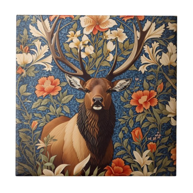 Elegant Elk William Morris Inspired Floral Ceramic Tile (Front)