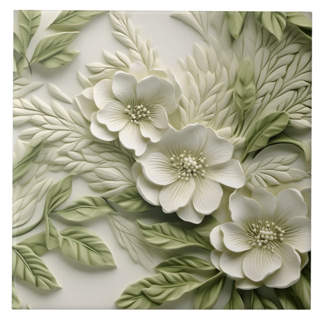 Elegant Embossed 3D Floral Relief Ceramic Tile (Front)