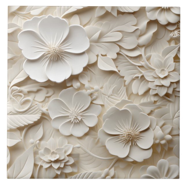 Elegant Embossed 3D Floral Relief Ceramic Tile (Front)