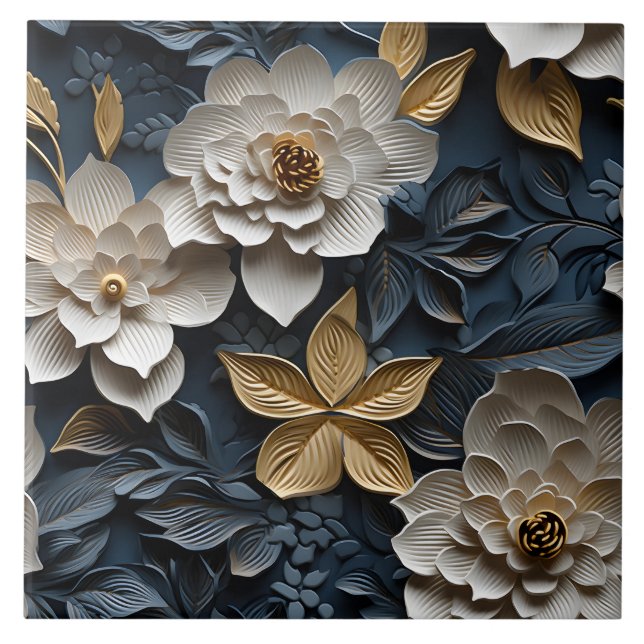 Elegant Embossed 3D Floral Relief Ceramic Tile (Front)