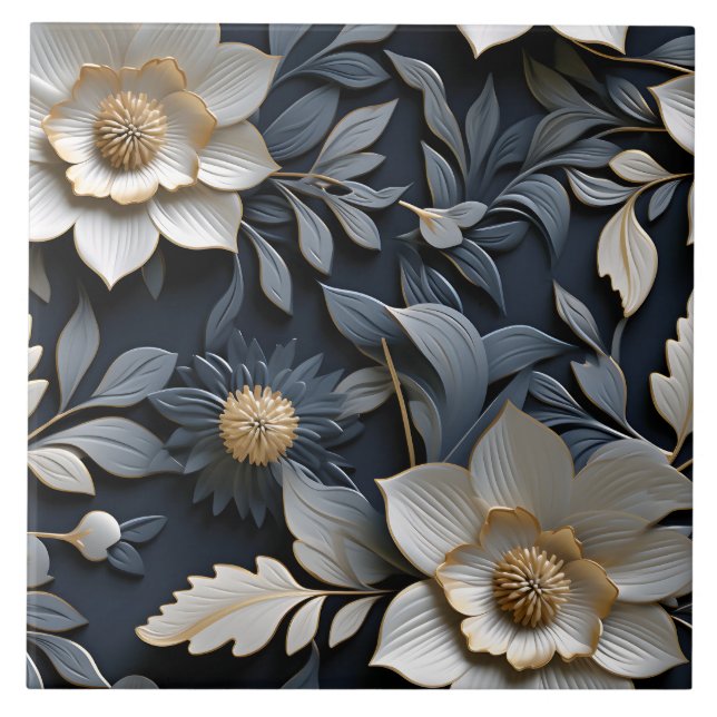 Elegant Embossed 3D Floral Relief Ceramic Tile (Front)