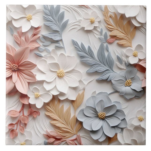 Elegant Embossed 3D Floral Relief Ceramic Tile (Front)