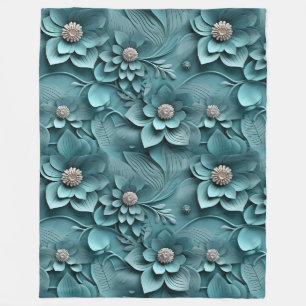 Elegant Embossed 3D Floral Relief Teal Fleece Blanket