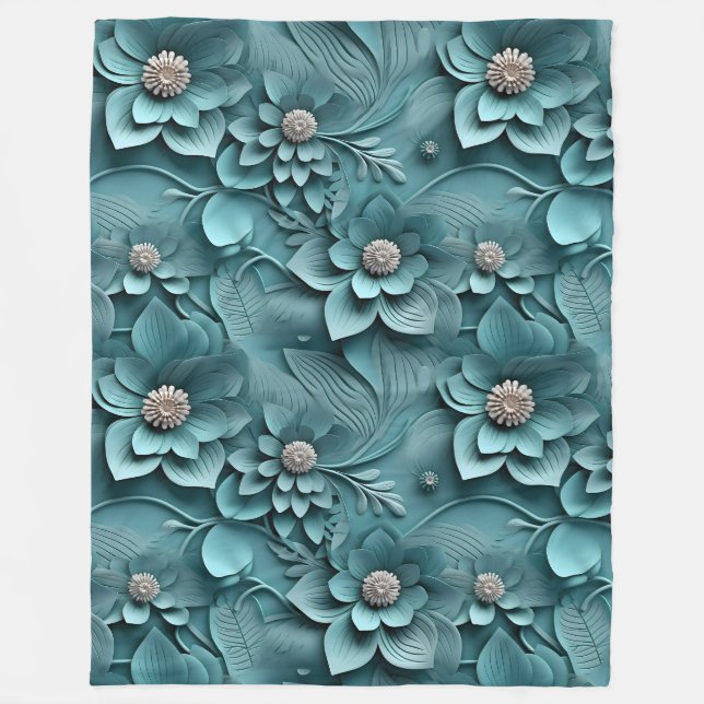 Elegant Embossed 3D Floral Relief Teal Fleece Blanket (Front)