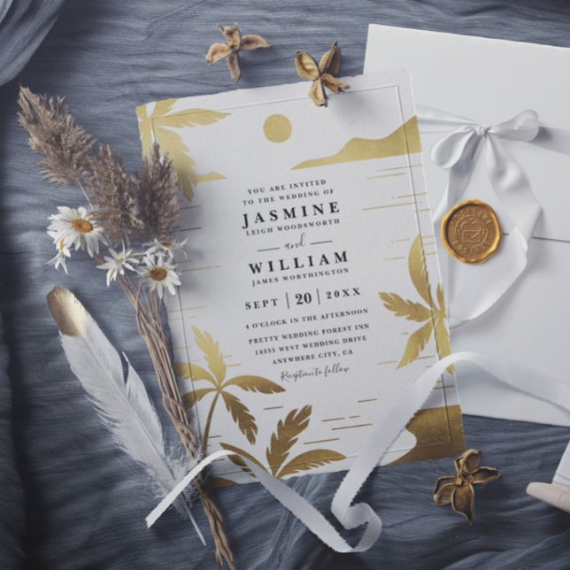 Elegant Embossed Beach Palm Tropical Wedding Invitation (Creator Uploaded)