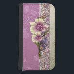 Elegant Embossed Lilac Damask Samsung S4 Wallet Case<br><div class="desc">Beautiful glowing embossed lilac and silver damask with an ornate floral border and tropical vector flowers in lilac and ivory. Note:  Sculpted,  engraved,  embossed and dimensional effects,  layered,  aged or eroded appearance,  textures and shadows achieved digitally. Actual product has a flat surface.</div>