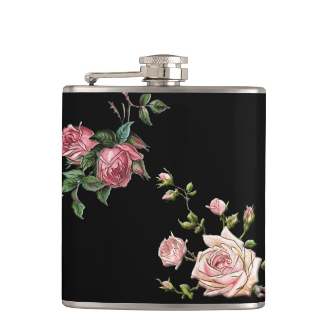 Elegant Embossed Pink Roses Hip Flask (Front)