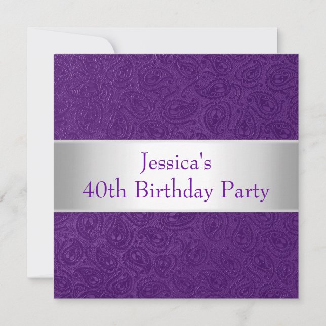 Elegant Embossed Purple Paisley White Party Invitation (Front)
