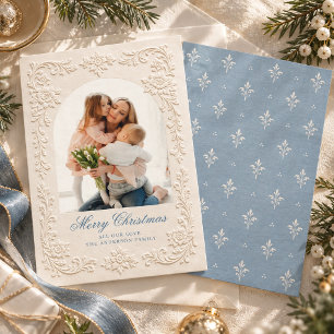 Elegant Embossed Style Blue Floral Photo Christmas Holiday Card