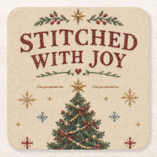 Elegant Embroidered Christmas, Vintage Needlepoint Square Paper Coaster