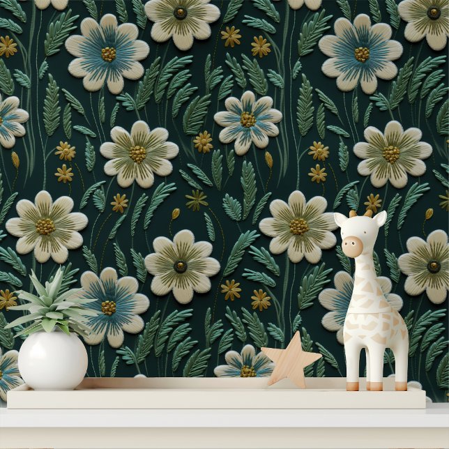 Elegant Embroidered Green Floral Pattern Wallpaper (Creator Uploaded)