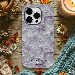 Elegant Embroidered Lavender Floral Pattern iPhone 14 Pro Case