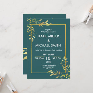 Elegant Emeral Green & Gold Modern Wedding Invitation
