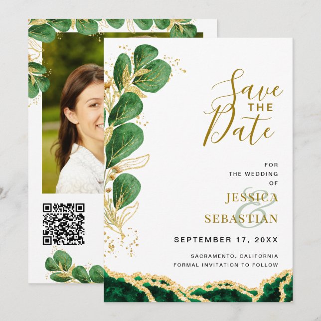 Elegant Emerald And Gold Agate Eucalyptus Wedding Save The Date (Front/Back)