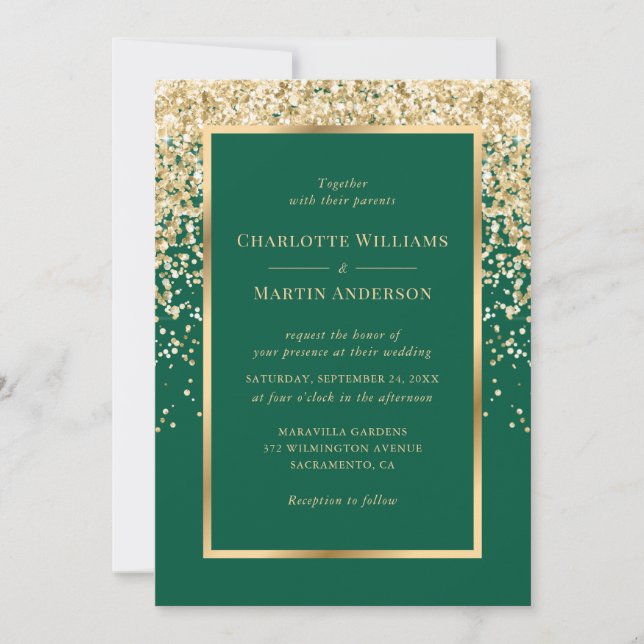 Elegant Emerald and Gold Confetti Wedding Invitation (Front)