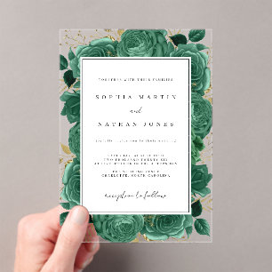 Elegant Emerald And Gold Rose Clear Wedding Acrylic Invitations