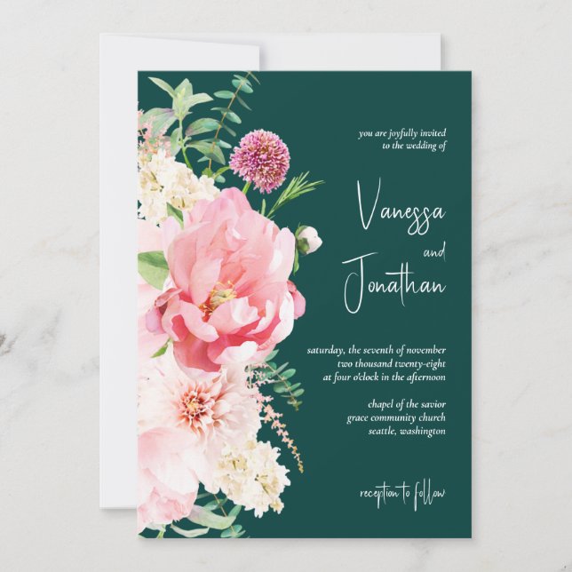 Elegant Emerald Blush Floral First Name Dark Moody Invitation (Front)