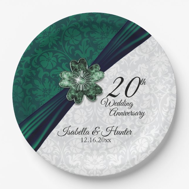  Elegant Emerald  Damask  20th Anniversary Paper Plate (Front)