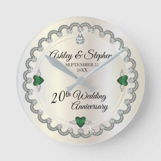 Elegant Emerald Diamonds 20th Wedding Anniversary Round Clock (Front)