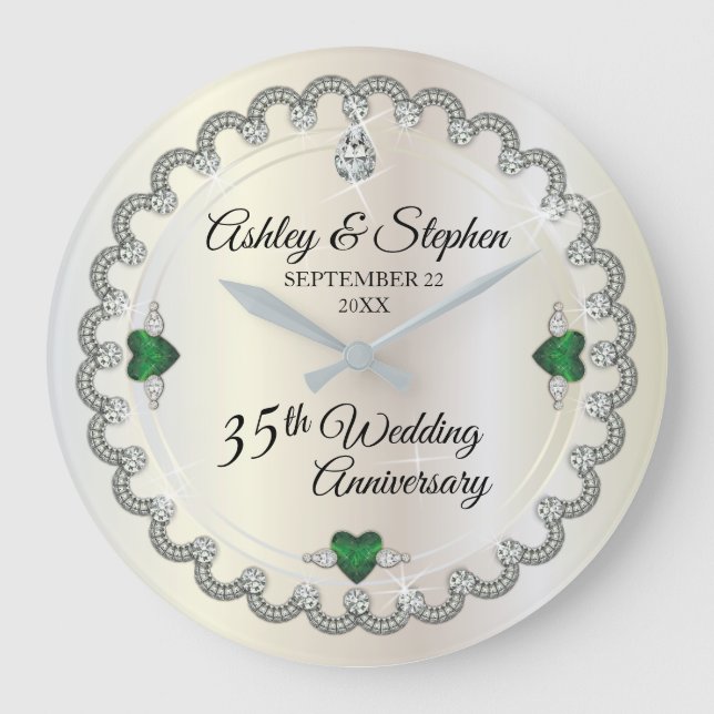 Elegant Emerald Diamonds 35th Wedding Anniversary Large Clock (Front)